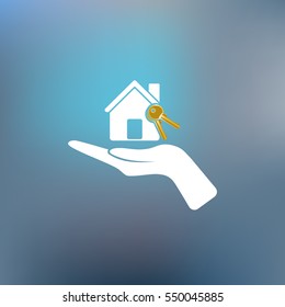 Flat paper cut style icon of home and keys. Vector illustration