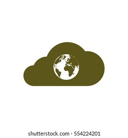 Flat paper cut style icon of a cloud with globe inside. Vector illustration