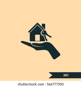 Flat paper cut style icon of home and keys. Vector illustration