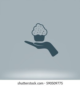 Flat paper cut style icon of cake. Vector illustration