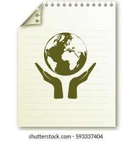 Flat paper cut style icon of two hands holding Earth. Vector illustration