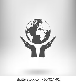 Flat paper cut style icon of two hands holding Earth. Vector illustration