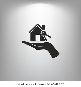 Flat paper cut style icon of home and keys. Vector illustration