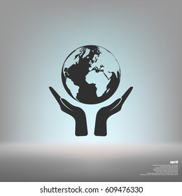 Flat paper cut style icon of two hands holding Earth. Vector illustration
