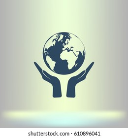 Flat paper cut style icon of two hands holding Earth. Vector illustration