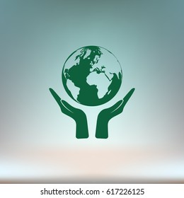 Flat paper cut style icon of two hands holding Earth. Vector illustration