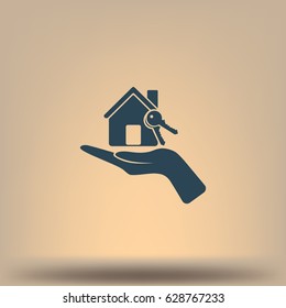 Flat paper cut style icon of home and keys. Vector illustration
