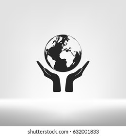 Flat paper cut style icon of two hands holding Earth. Vector illustration