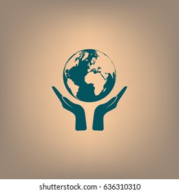 Flat paper cut style icon of two hands holding Earth. Vector illustration