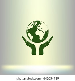 Flat paper cut style icon of two hands holding Earth. Vector illustration