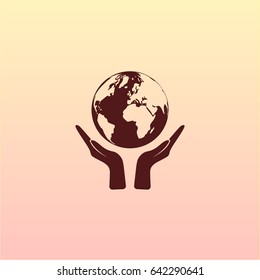 Flat paper cut style icon of two hands holding Earth. Vector illustration