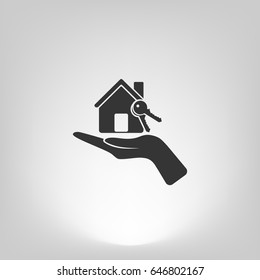 Flat paper cut style icon of home and keys. Vector illustration