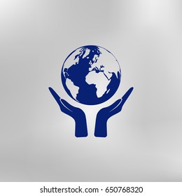 Flat paper cut style icon of two hands holding Earth. Vector illustration