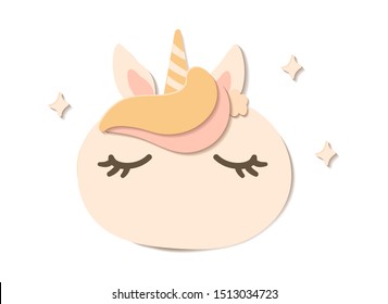 Flat paper cut style pumpkin dressed as unicorn. Hand drawn vector illustration. Cartoon cute character