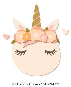 Flat paper cut style pumpkin dressed as unicorn in flower wreath. Hand drawn vector illustration. Cartoon cute character