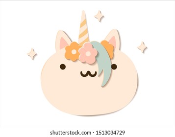 Flat paper cut style pumpkin dressed as unicorn in flower wreath. Hand drawn vector illustration. Cartoon cute character