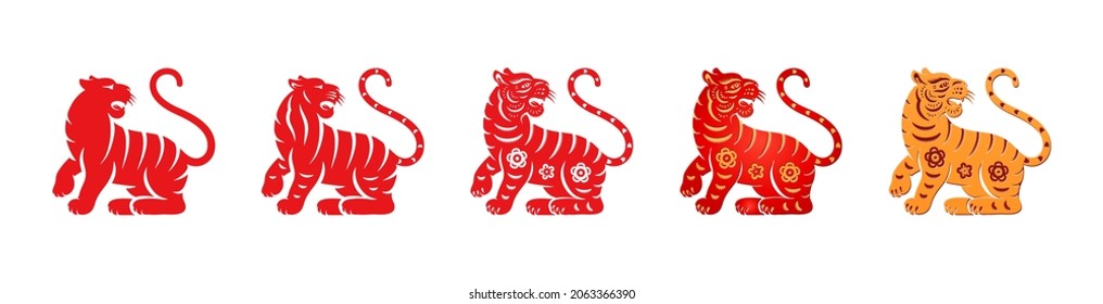 Flat paper cut tiger with floral pattern isolated CNY animals set Vector spring festival lunar calendar mascot, korean and japanese horoscope sign, tigers eastern zodiac symbols, astrology theme