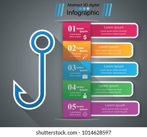 Flat paper fish hook - business infographic. Vector eps 10.