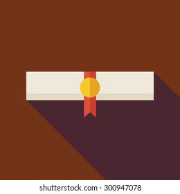 Flat Paper Graduate Diploma Illustration with long Shadow. Paper Graduation Award with Gold Medal. University and School Vector Illustration. First Place Winning Diploma Object. Gold Medal with Ribbon