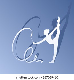 Flat paper illustration of gymnastic girl with band