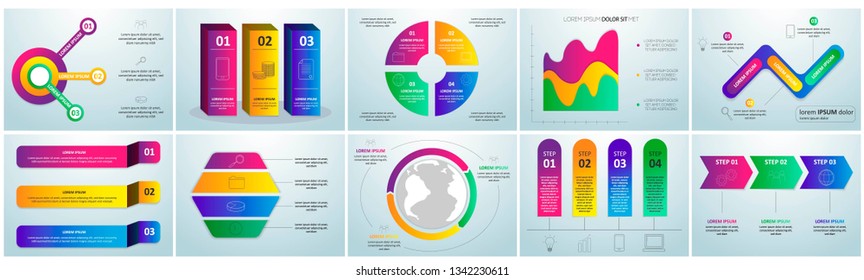 Flat paper infographic set with charts and bookmarks title and heading elements
