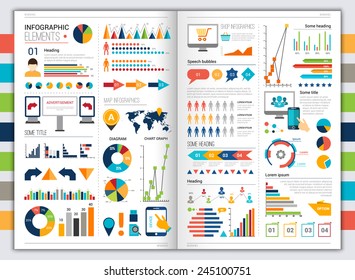 Flat paper infographic set with charts and bookmarks title and heading elements vector illustration