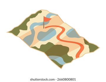 Mapa en papel plano con ruta roja y bandera de destino. Mapa genérico con carretera y bosque, navegación abstracta. Ilustración vectorial