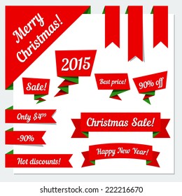 Flat paper origami ribbons, bubbles and corner in Christmas color with text.  Vector EPS10 illustration.