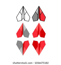 Flat paper plane. Red color set.