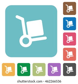 Flat parcel delivery icons on rounded square color backgrounds.