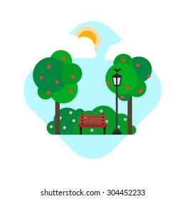Flat park image with trees, bushes, bench, lantern and sky