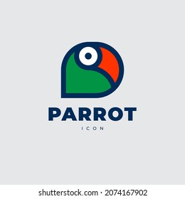 Flat Parrot icon in linear style. Tropic bird logo. Head of green parrot with red beak. Parrot outline vector icon.