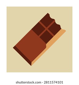 Flat of a partially eaten chocolate bar with brown tones on a light beige background, for food