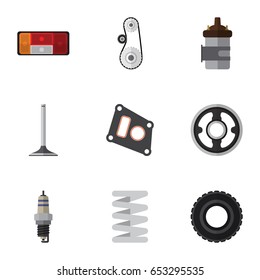 Flat Parts Set Of Absorber, Headlight, Wheel And Other Vector Objects. Also Includes Gasket, Car, Tire Elements.