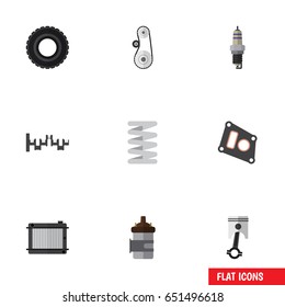 Flat Parts Set Of Absorber, Wheel, Conrod And Other Vector Objects. Also Includes Belt, Tire, Drive Elements.