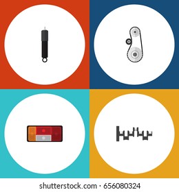 Flat Parts Set Of Cambelt, Headlight, Combustion And Other Vector Objects. Also Includes Taillight, Engine, Steel Elements.