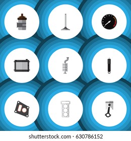 Flat Parts Set Of Car Segment, Gasket, Conrod And Other Vector Objects. Also Includes Thermostat, Conrod, Silencer Elements.