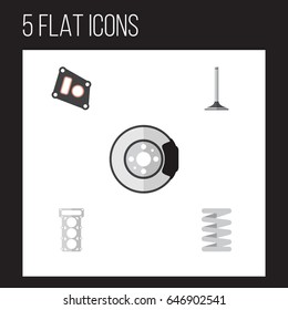 Flat Parts Set Of Car Segment, Packing, Crankshaft And Other Vector Objects. Also Includes Car, Metal, Disk Elements.