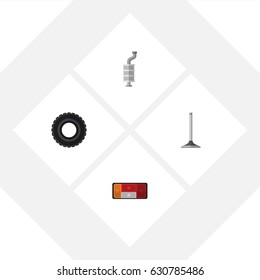 Flat Parts Set Of Headlight, Car Segment, Wheel And Other Vector Objects. Also Includes Tire, Valve, Muffler Elements.