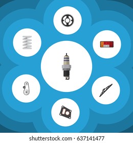 Flat Parts Set Of Headlight, Crankshaft, Gasket And Other Vector Objects. Also Includes Gear, Spark, Spring Elements.