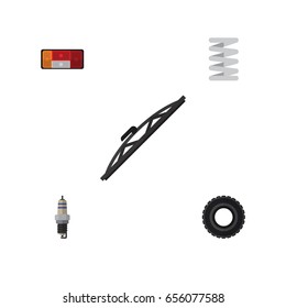 Flat Parts Set Of Headlight, Windshield, Spare Parts And Other Vector Objects. Also Includes Car, Combustion, Windshield Elements.