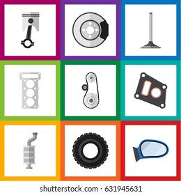 Flat Parts Set Of Metal, Car Segment, Silencer And Other Vector Objects. Also Includes Valve, Disk, Cambelt Elements.