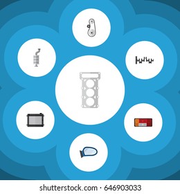 Flat Parts Set Of Steels Shafts, Cambelt, Auto Component And Other Vector Objects. Also Includes Thermostat, Crankshaft, Steel Elements.