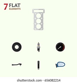 Flat Parts Set Of Wheel, Packing, Auto Component And Other Vector Objects. Also Includes Speedometer, Tachometr, Tool Elements.