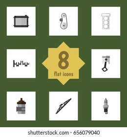 Flat Parts Set Of Windshield, Conrod, Spare Parts And Other Vector Objects. Also Includes Combustion, Plug, Heater Elements.