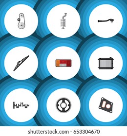 Flat Parts Set Of Windshield, Silencer, Belt And Other Vector Objects. Also Includes Wiper, Belt, Spherical Elements.
