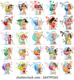 Flat Party Girls Set: Vector Illustration, Graphic Design. For Web, Websites, Print, Presentation Templates And Promotional Materials  