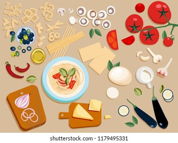 Flat pasta ingredients set entire and cut into pieces: olives,mushrooms, tomato,Parmesan, mozzarella, chilli, oil,eggplant, Garlic, onion, cream,all kinds of pasta. Plate with ready-made pasta. Vector