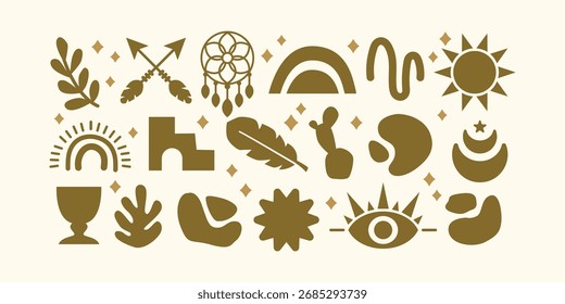 Flat pastel colored boho icon set bundle. Designed for decor, web projects, modern branding, and trendy aesthetic designs.