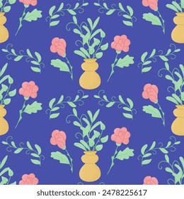 Flat pastel colored floral bunches seamless pattern in childish style. Vector holiday illustration for party on blue background. Perfect for wrapping, wallpaper, kids textile